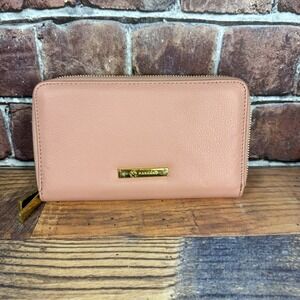 Joy Mangano Luxe Leather Double Wallet Wristlet RFID Pink Salmon New No Strap